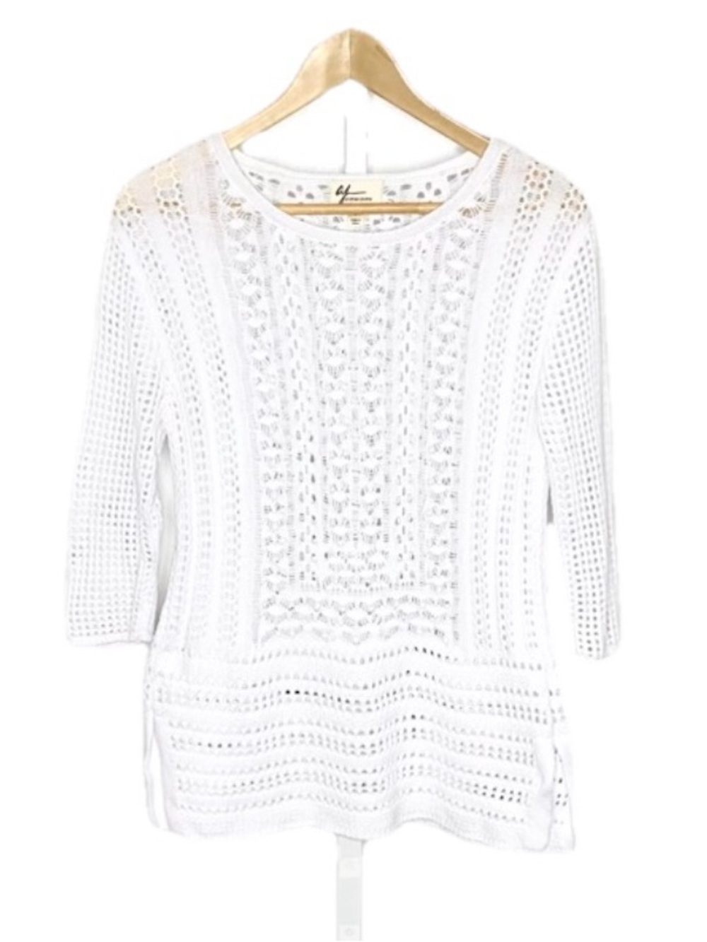 Andrea Jovine | White Boho Cottagecore Fairy Mesh Cotton Crochet Sweater Sz Sm